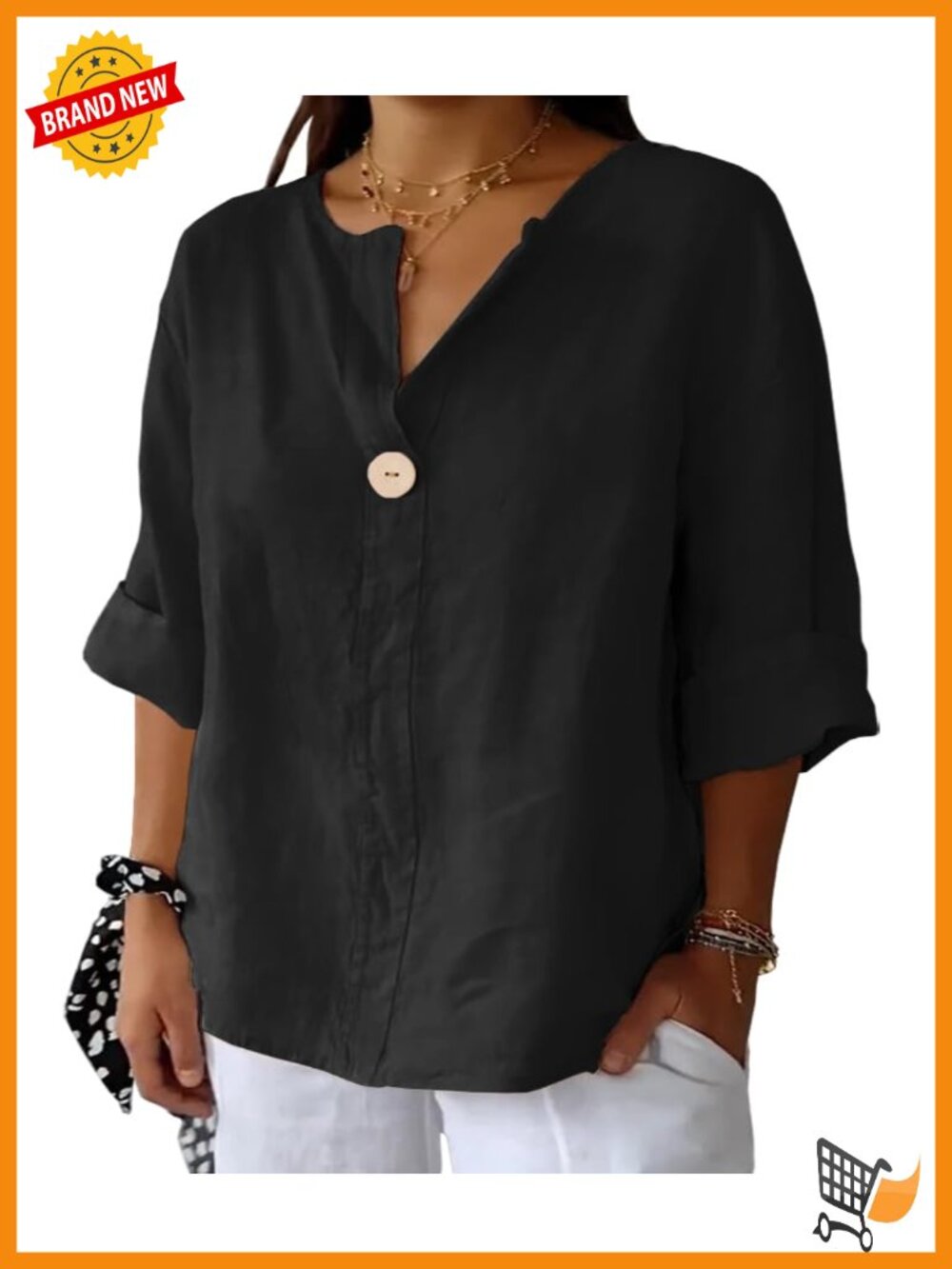 Women's Plus Size Linen Cotton 3/4 Sleeve V Neck Button Tunic Blouse